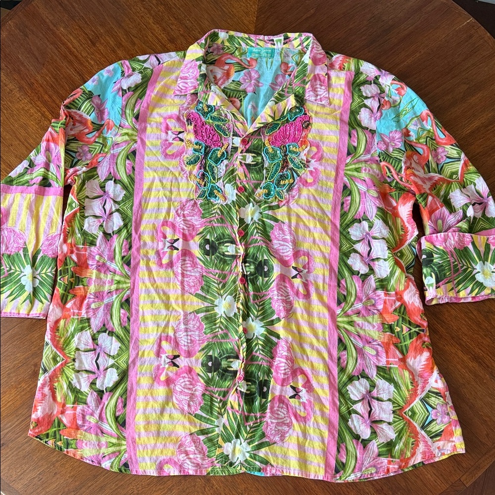 ANTICA SARTORIA 2021  FLAMINGO'S EMBELLISHED BEADED BUTTON DOWN SHIRT COTTON